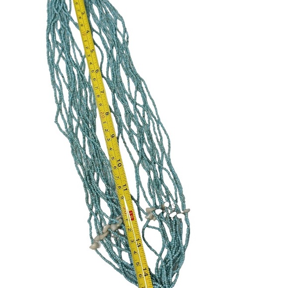 Light Ocean Blue Necklace Sea Shell Seed Beads Multi Strand Statement Tassel - Picture 7 of 7
